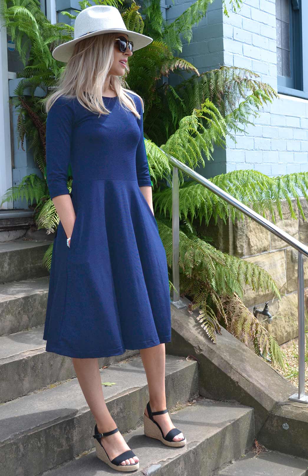 Royal Blue Women's Merino Wool Fit and Flare Dress with 3/4 Sleeves