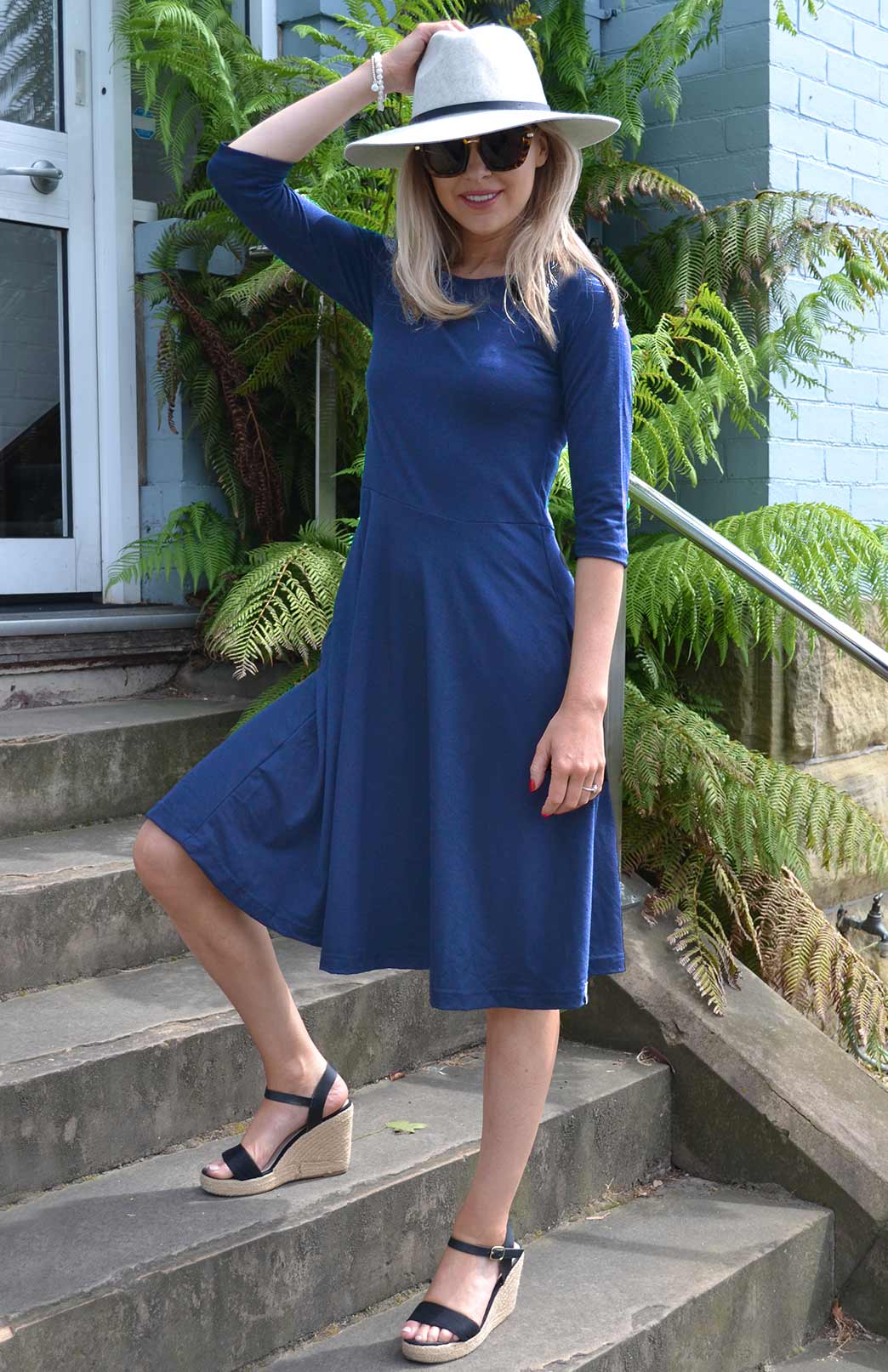 Royal Blue Women's Merino Wool Fit and Flare Dress with 3/4 Sleeves