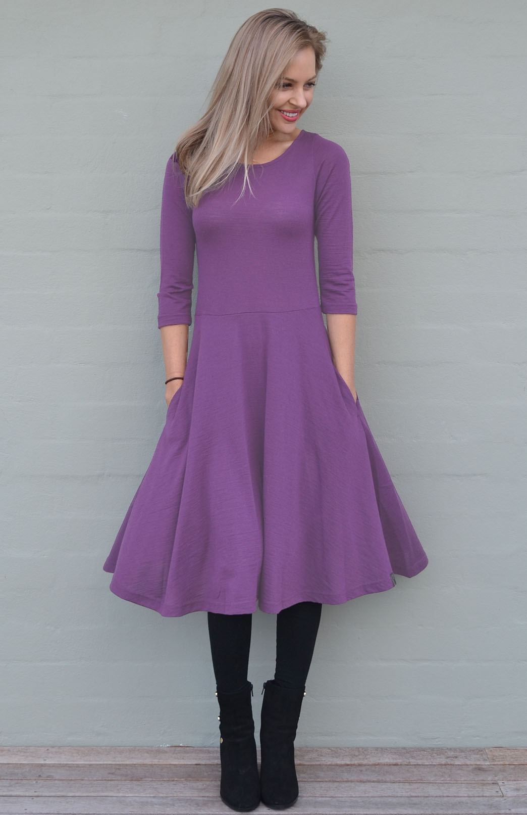Soft Amethyst Purple Women's Merino Wool Fit and Flare Dress with 3/4 Sleeves