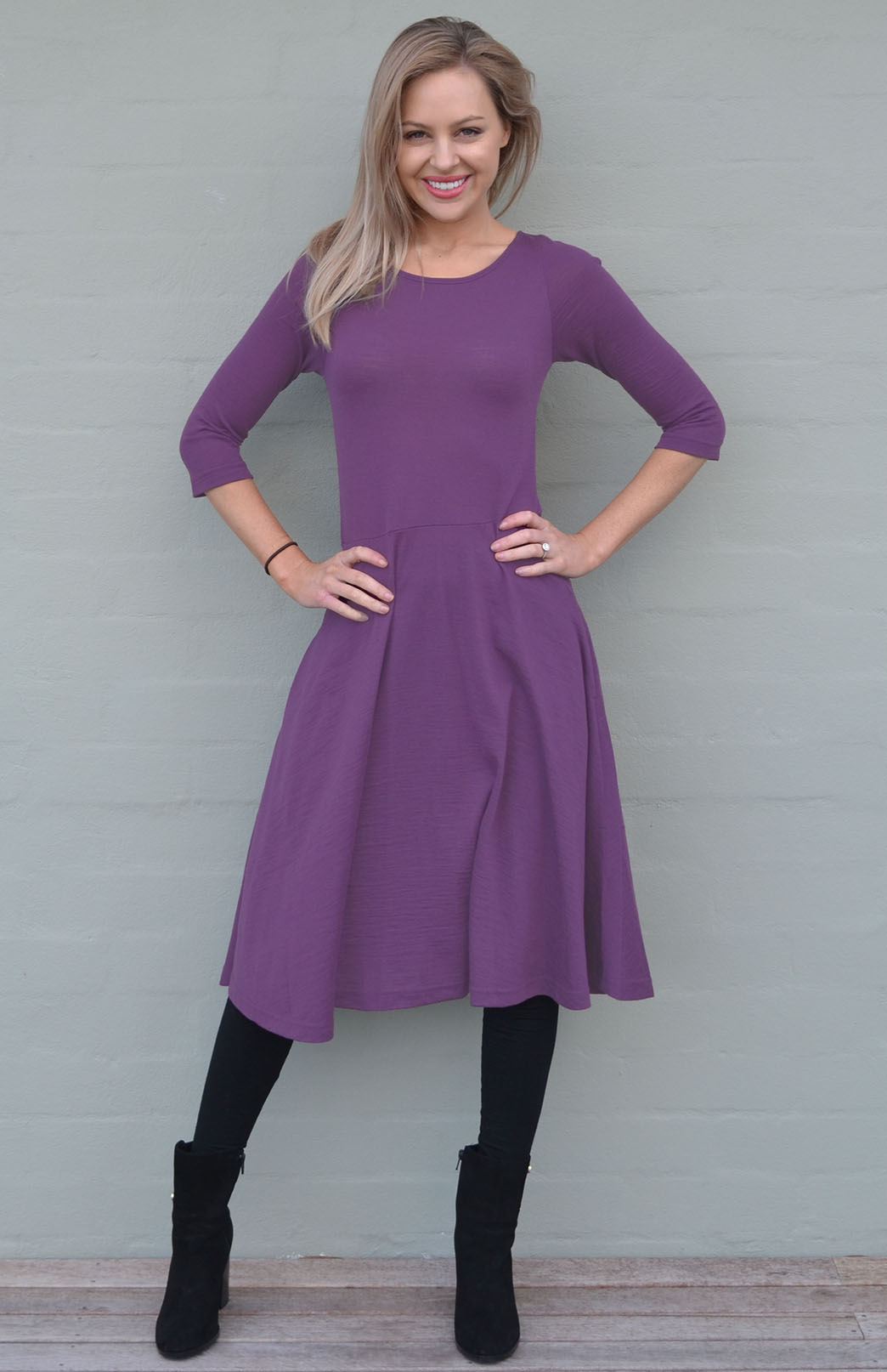 Soft Amethyst Purple Women's Merino Wool Fit and Flare Dress with 3/4 Sleeves