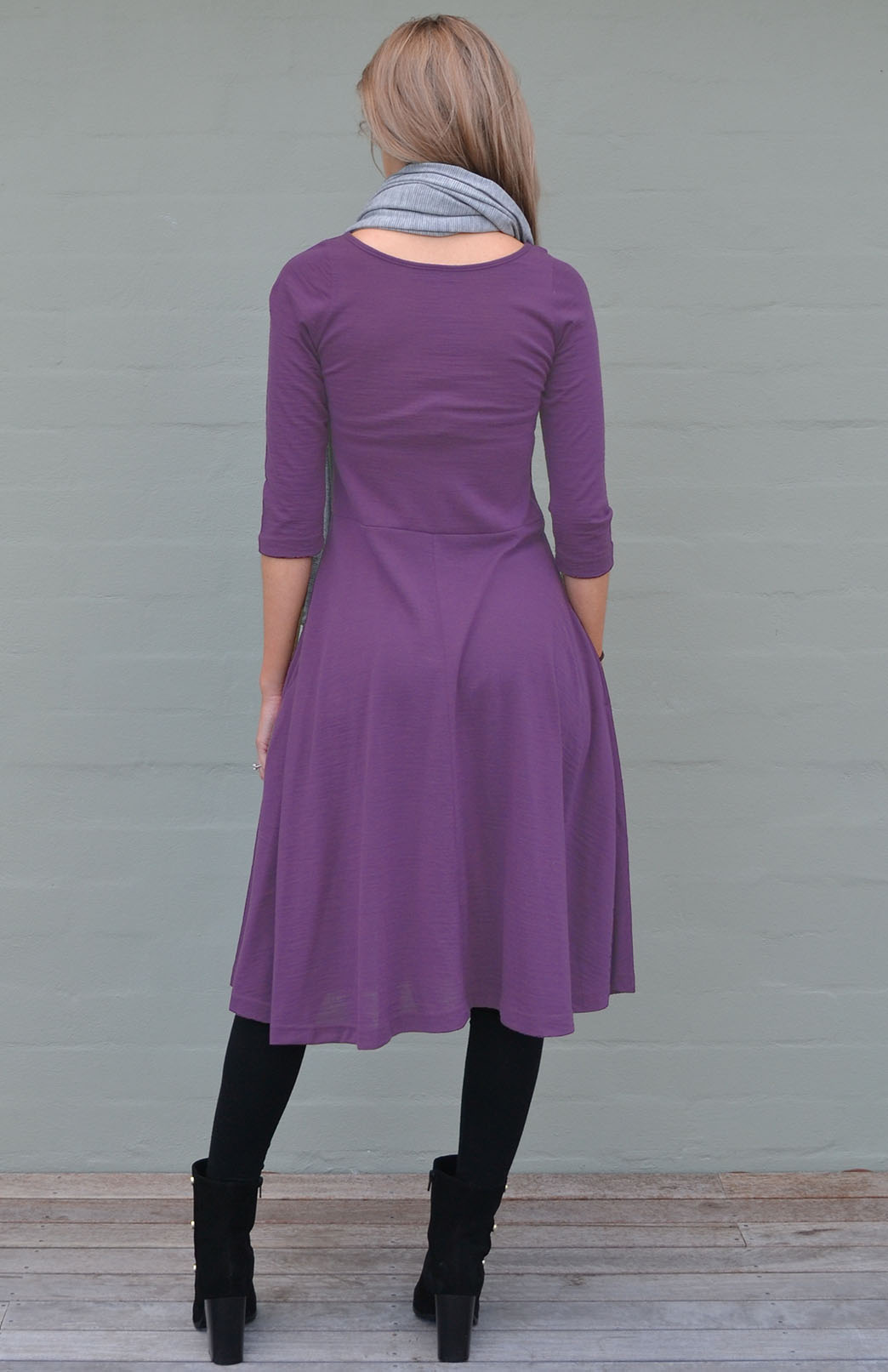 Soft Amethyst Purple Women's Merino Wool Fit and Flare Dress with 3/4 Sleeves