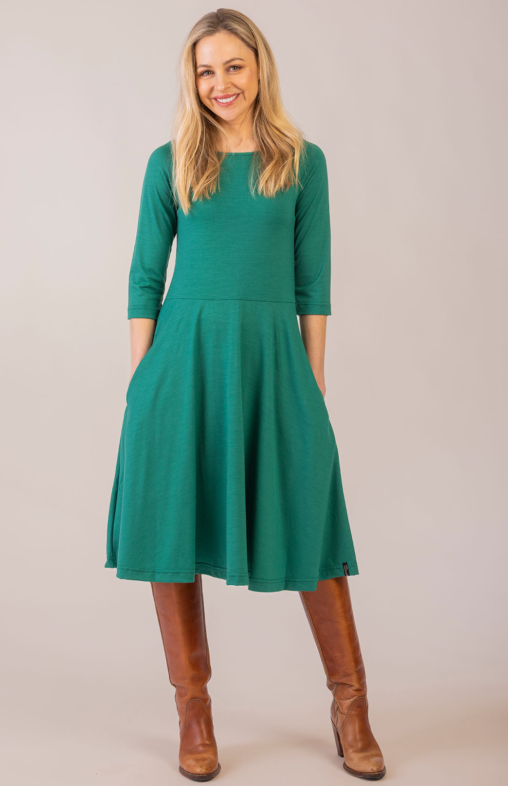 Soft Emerald Green Women's Merino Wool Fit and Flare Dress with 3/4 Sleeves