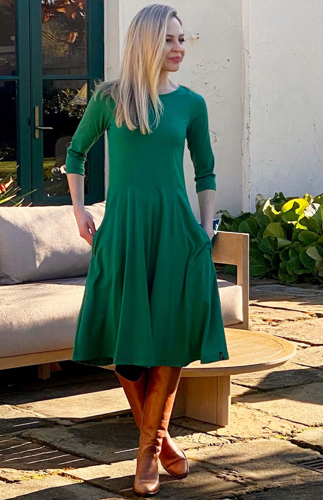 Soft Emerald Green Women&#39;s Merino Wool Fit and Flare Dress with 3/4 Sleeves
