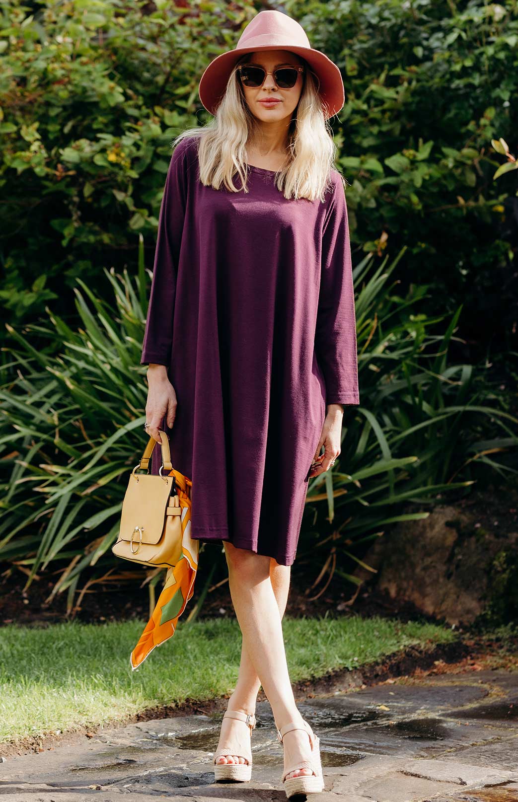 Aubergine Purple Women&#39;s Merino Wool Loose Fit Dress with Long Sleeves and Side Pockets
