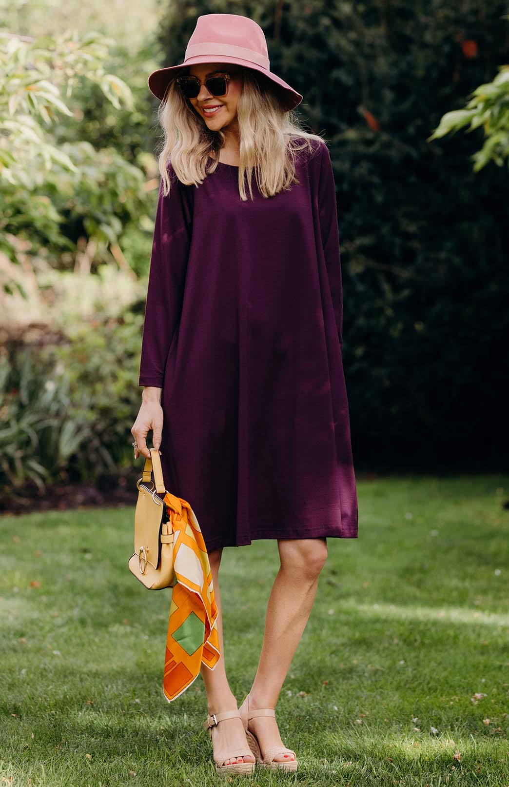 Aubergine Purple Women&#39;s Merino Wool Loose Fit Dress with Long Sleeves and Side Pockets
