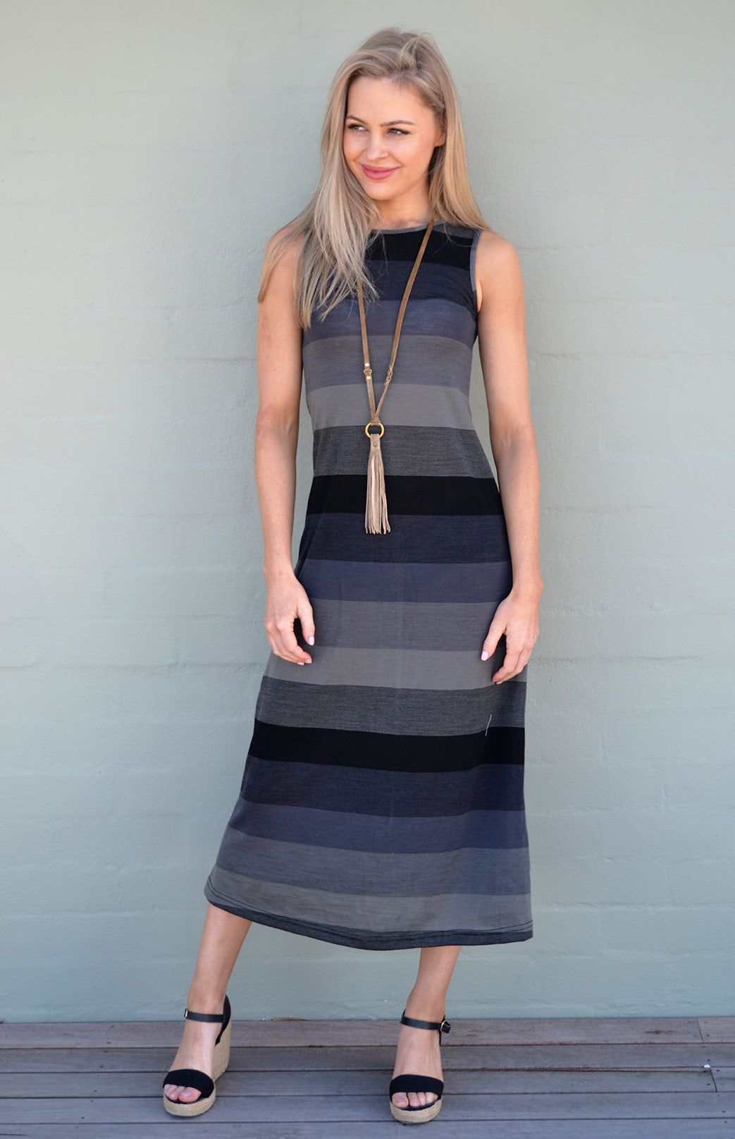 Black Kalamata Lead Stripe Women&#39;s Merino Wool Multi Stripe Merino Wool Maxi Dress

