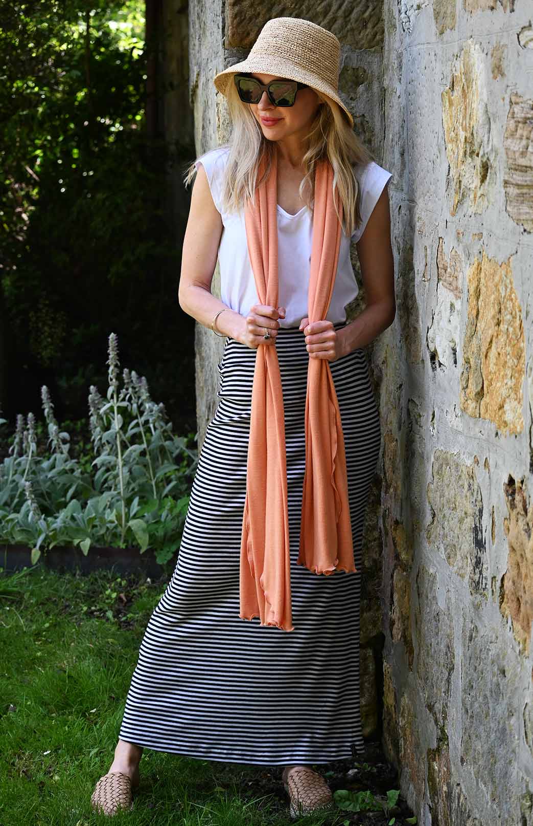 Navy & Ivory Narrow Stripe Women's Merino Wool Maxi Skirt