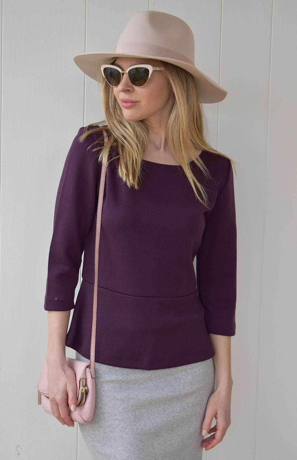 Aubergine Purple Women&#39;s Merino Wool 3/4 Sleeve Peplum Top
