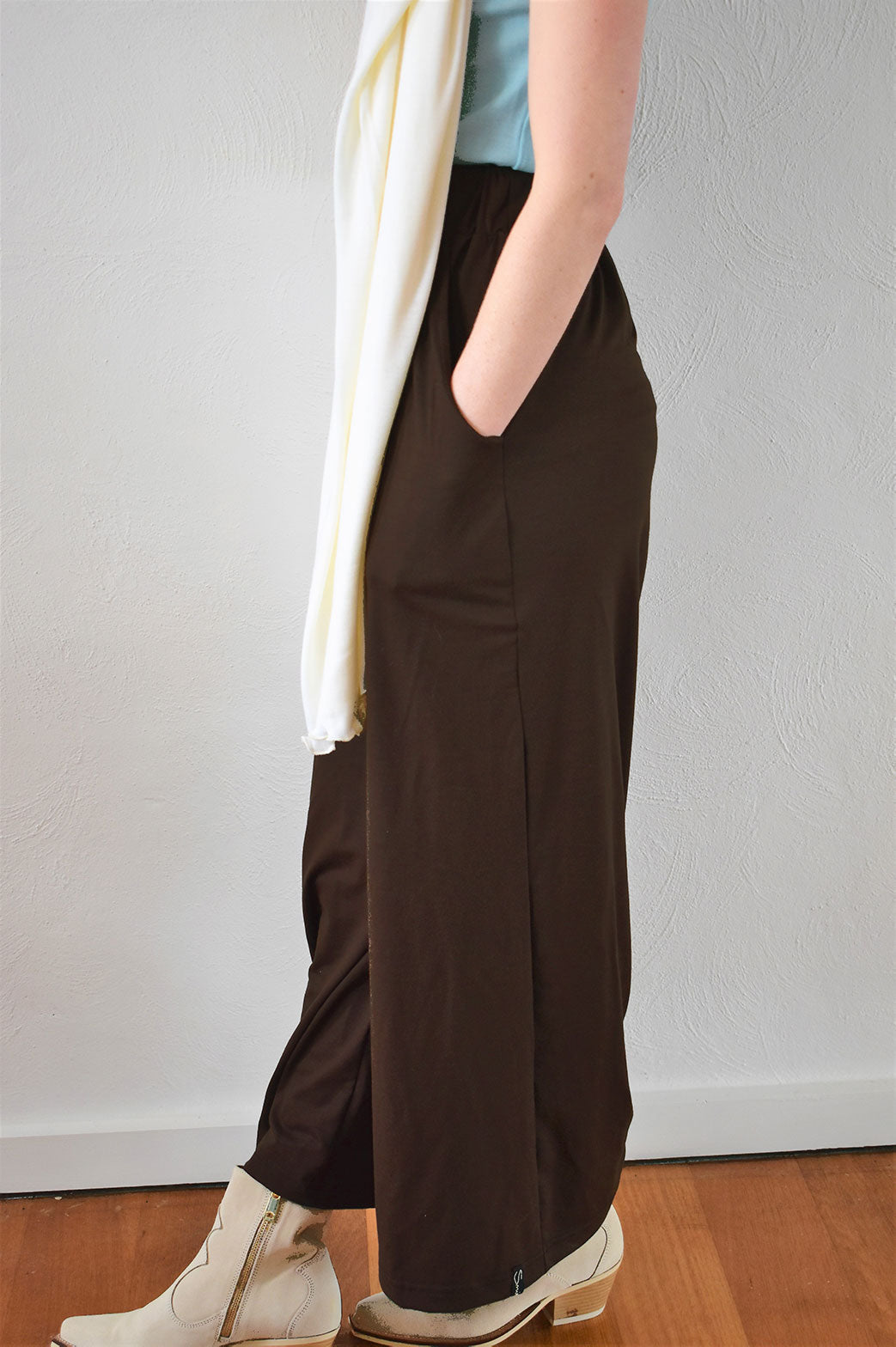 Chocolate Women&#39;s Merino Wool Wide Leg Pants with Elastic Waist &amp;amp; Pockets
