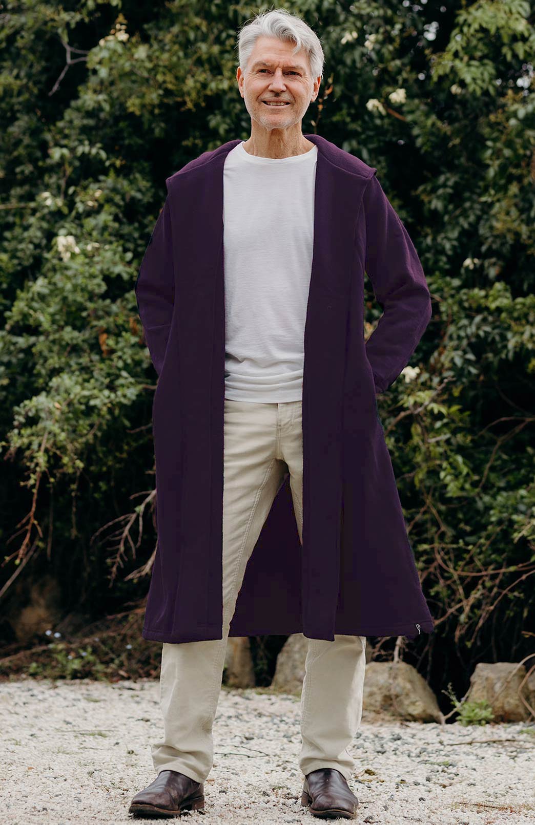 Black Men&#39;s Merino Wool Long Fleece Coat with Hood
