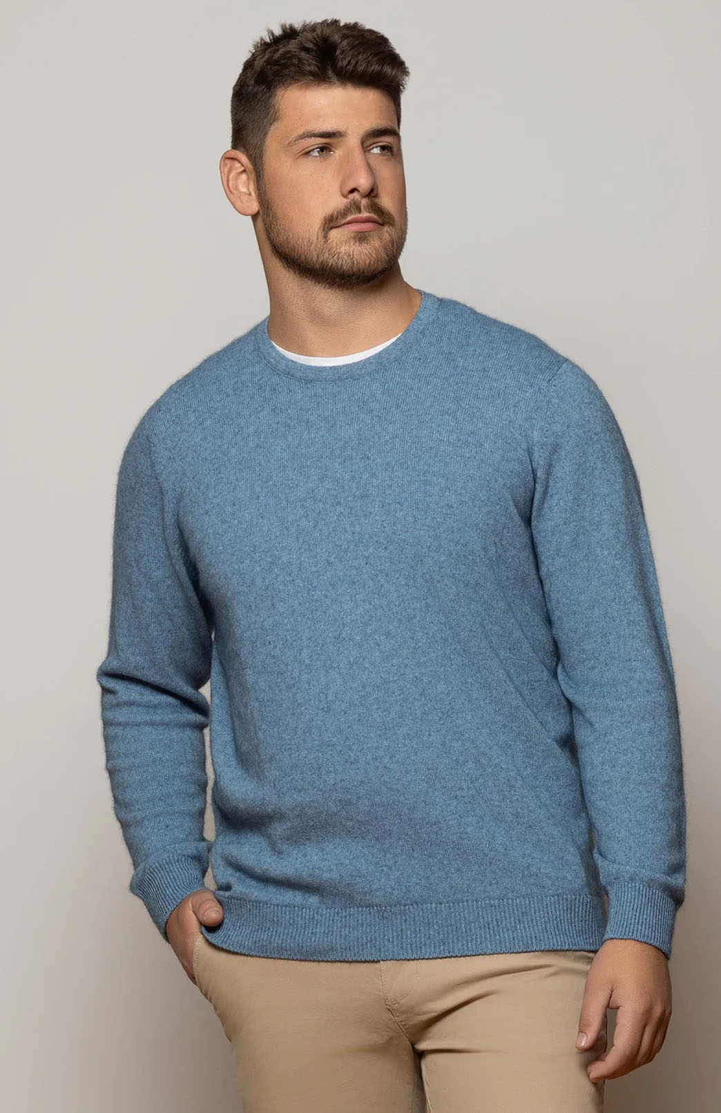 Sky Blue Men's cotton, merino and possum round neck long sleeve jumper