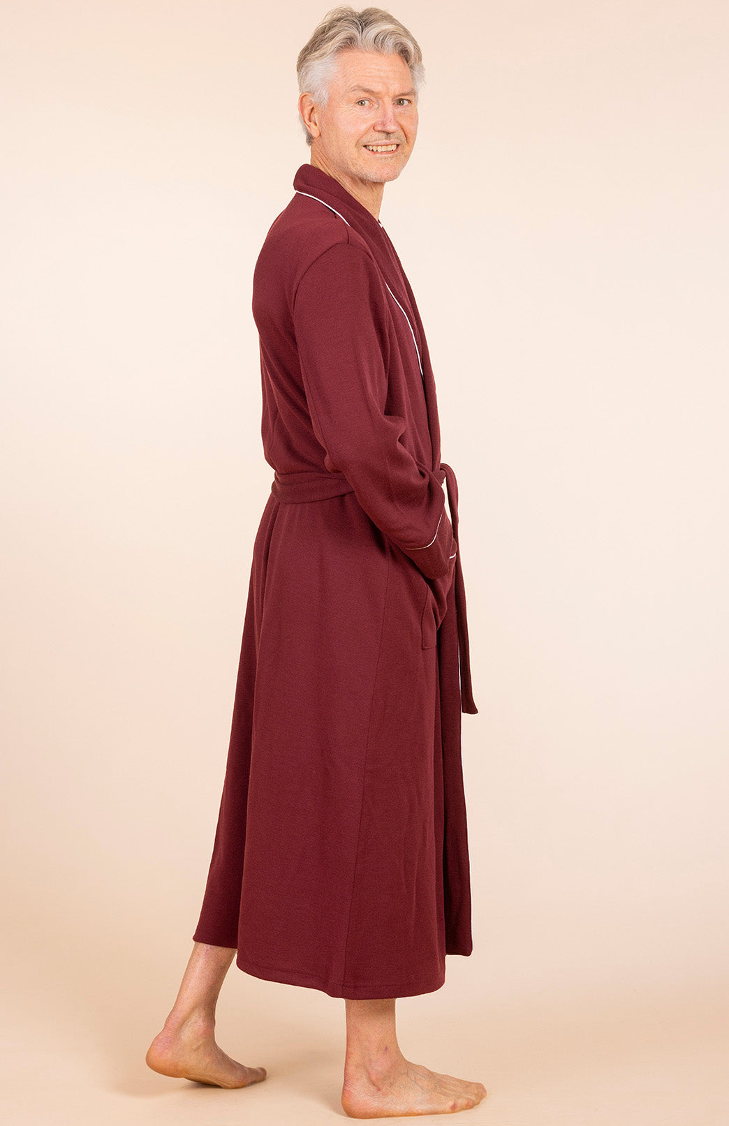 Burgundy Red with Ivory Piping Superfine Merino Wool Nightgown 