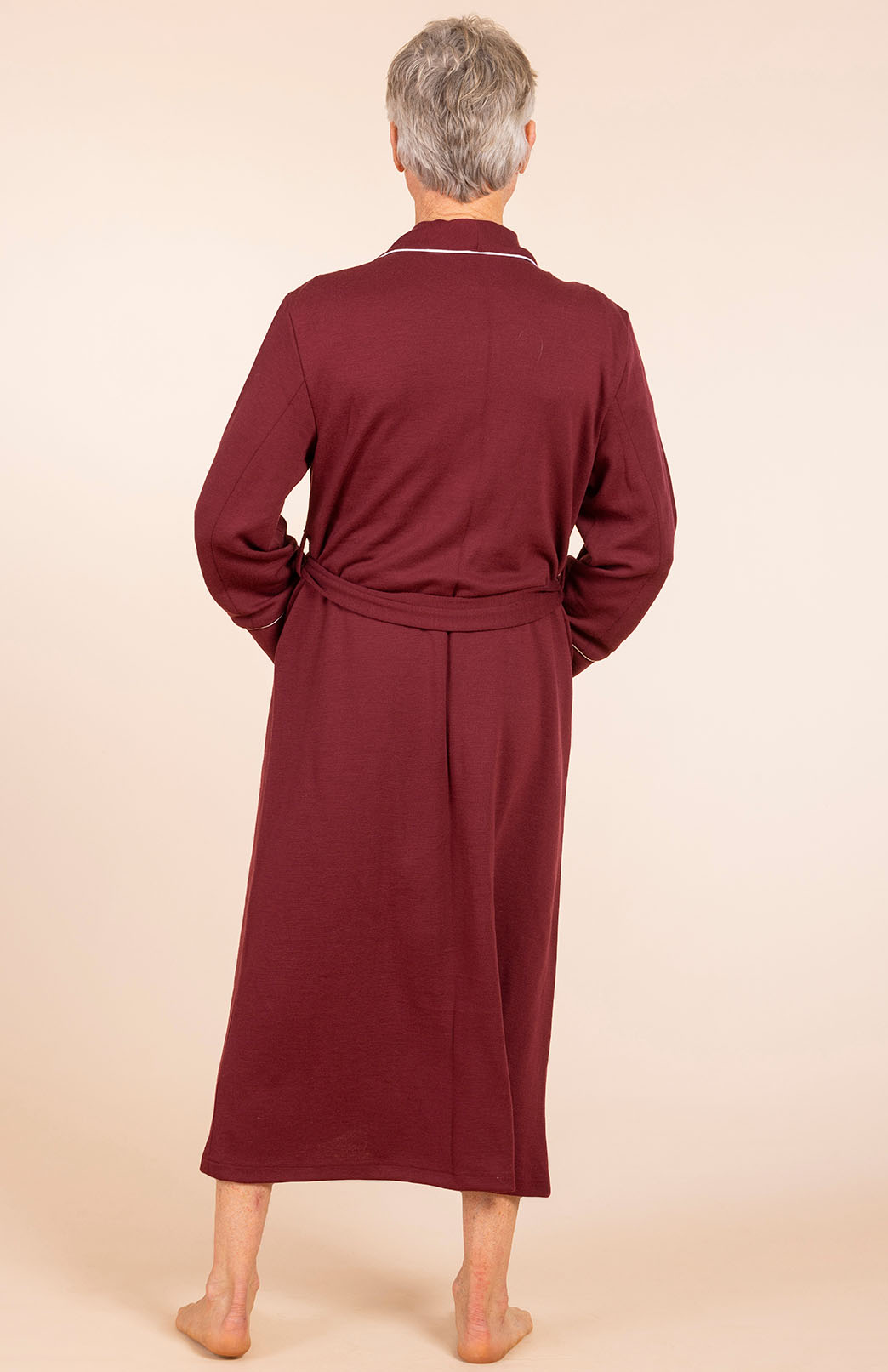 Burgundy Red with Ivory Piping Superfine Merino Wool Nightgown 