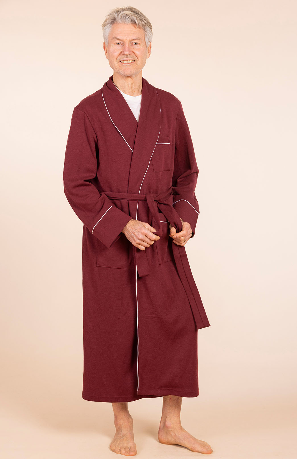 Burgundy Red with Ivory Piping Superfine Merino Wool Nightgown 
