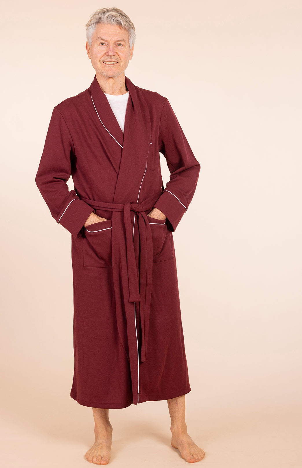 Burgundy Red with Ivory Piping Superfine Merino Wool Nightgown 