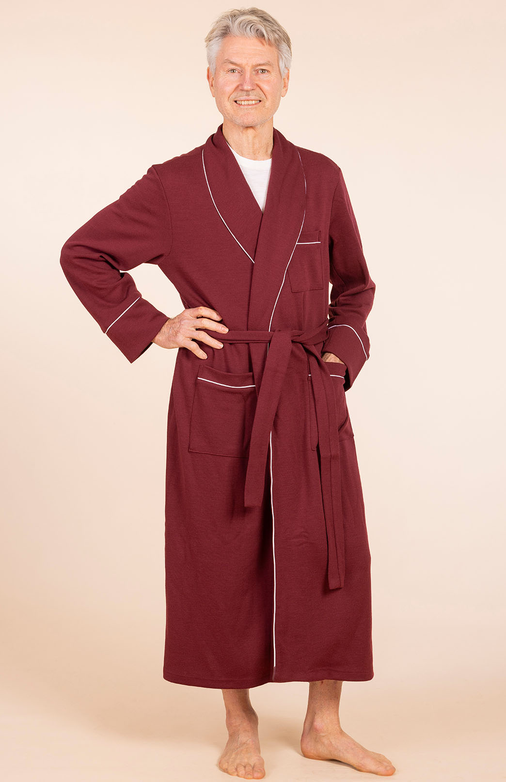 Burgundy Red with Ivory Piping Superfine Merino Wool Nightgown 
