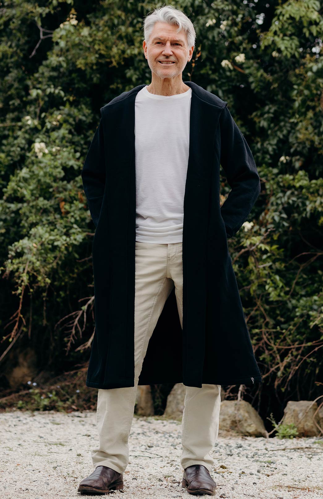 Black Men's Merino Wool Long Fleece Coat with Hood