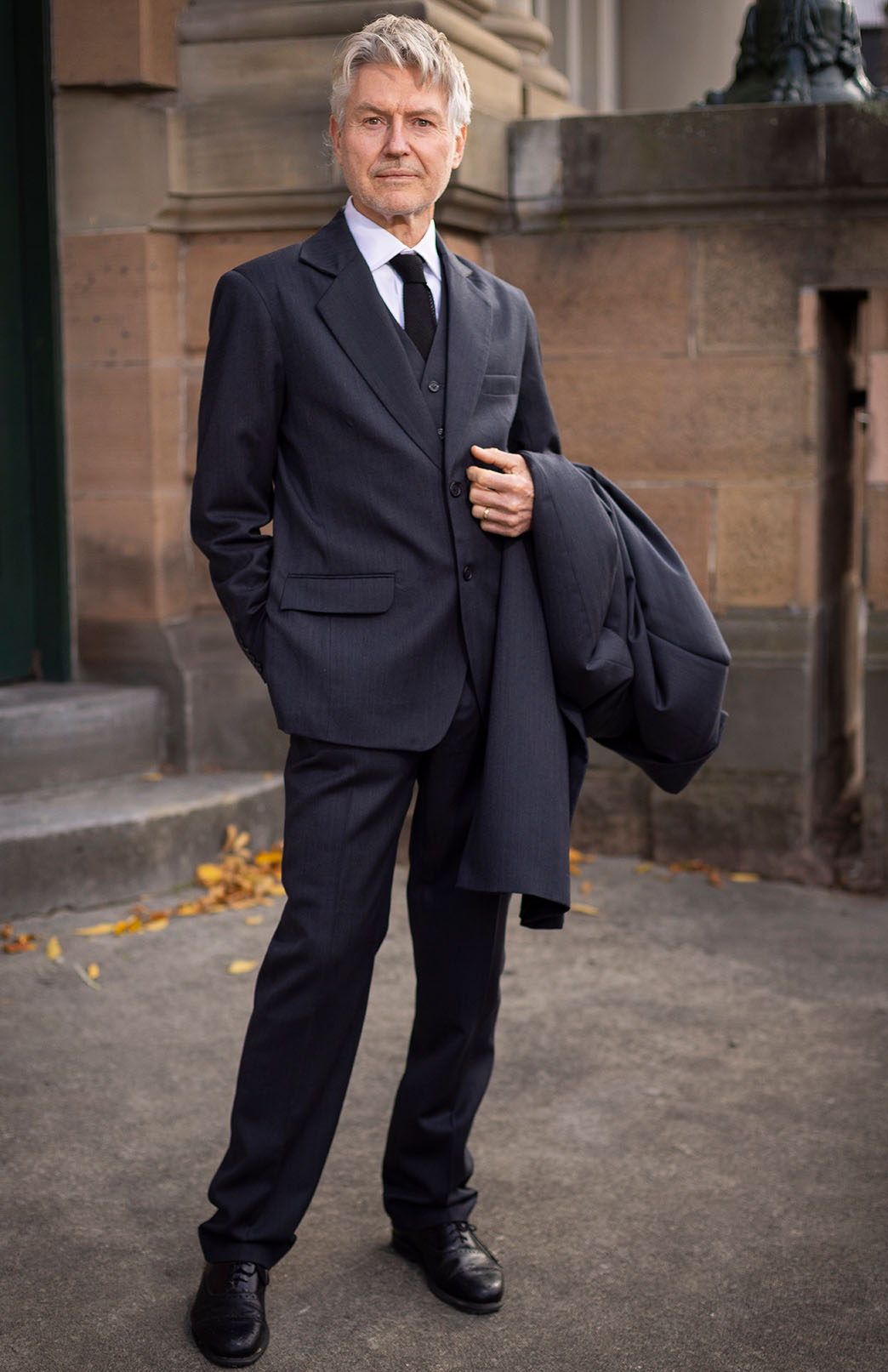 Obsidian Grey Herringbone Men's Superfine Merino Wool Herringbone Straight Leg Suit Pants 