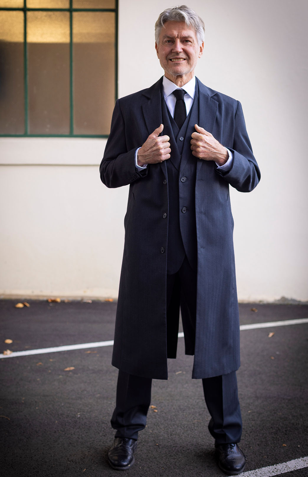 Obsidian Grey Herringbone Men's Superfine Merino Wool Herringbone Trench Coat