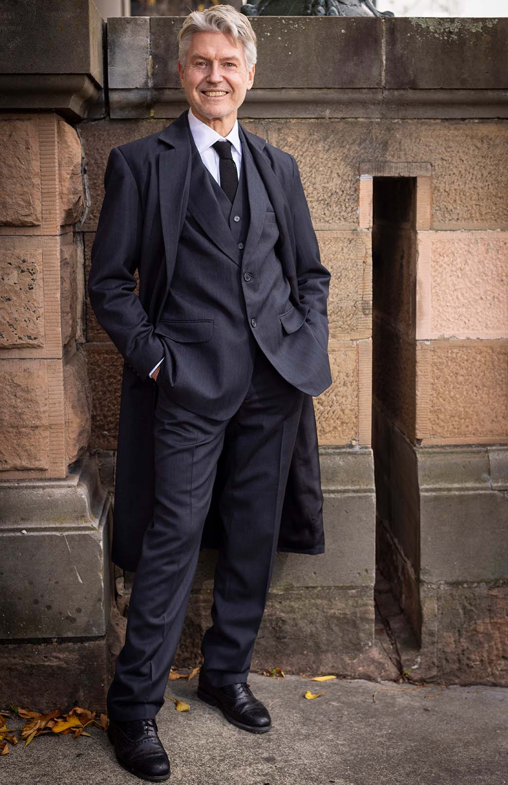 Obsidian Grey Herringbone Men's Superfine Merino Wool Herringbone Trench Coat