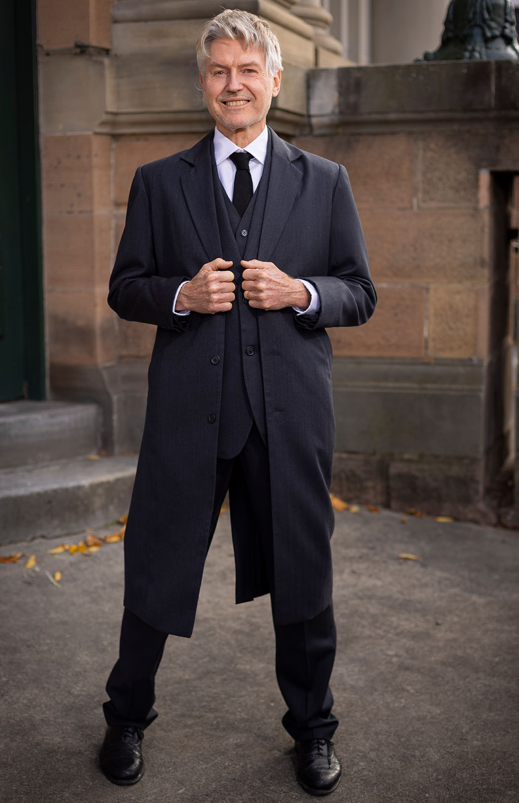 Obsidian Grey Herringbone Men's Superfine Merino Wool Herringbone Trench Coat