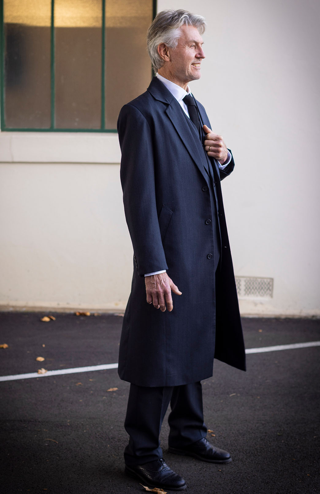 Obsidian Grey Herringbone Men's Superfine Merino Wool Herringbone Trench Coat