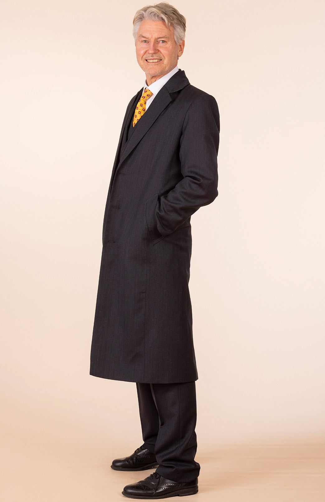 Obsidian Grey Herringbone Men's Superfine Merino Wool Herringbone Trench Coat