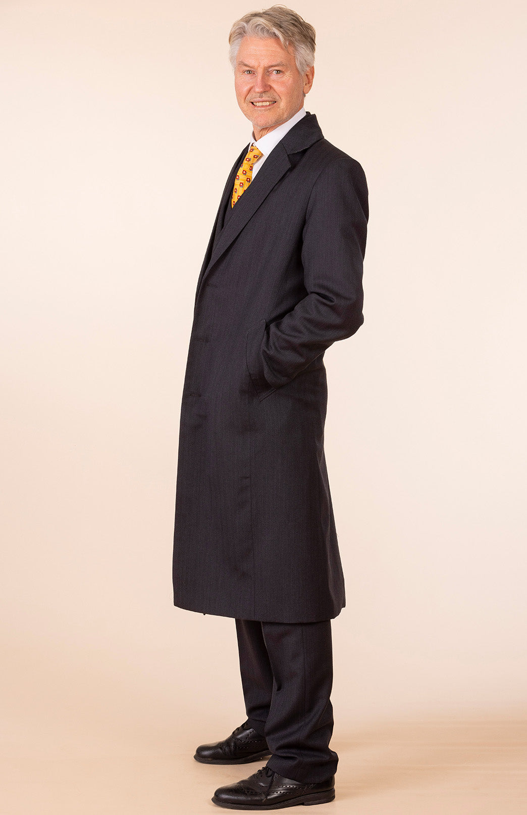 Obsidian Grey Herringbone Men's Superfine Merino Wool Herringbone Trench Coat