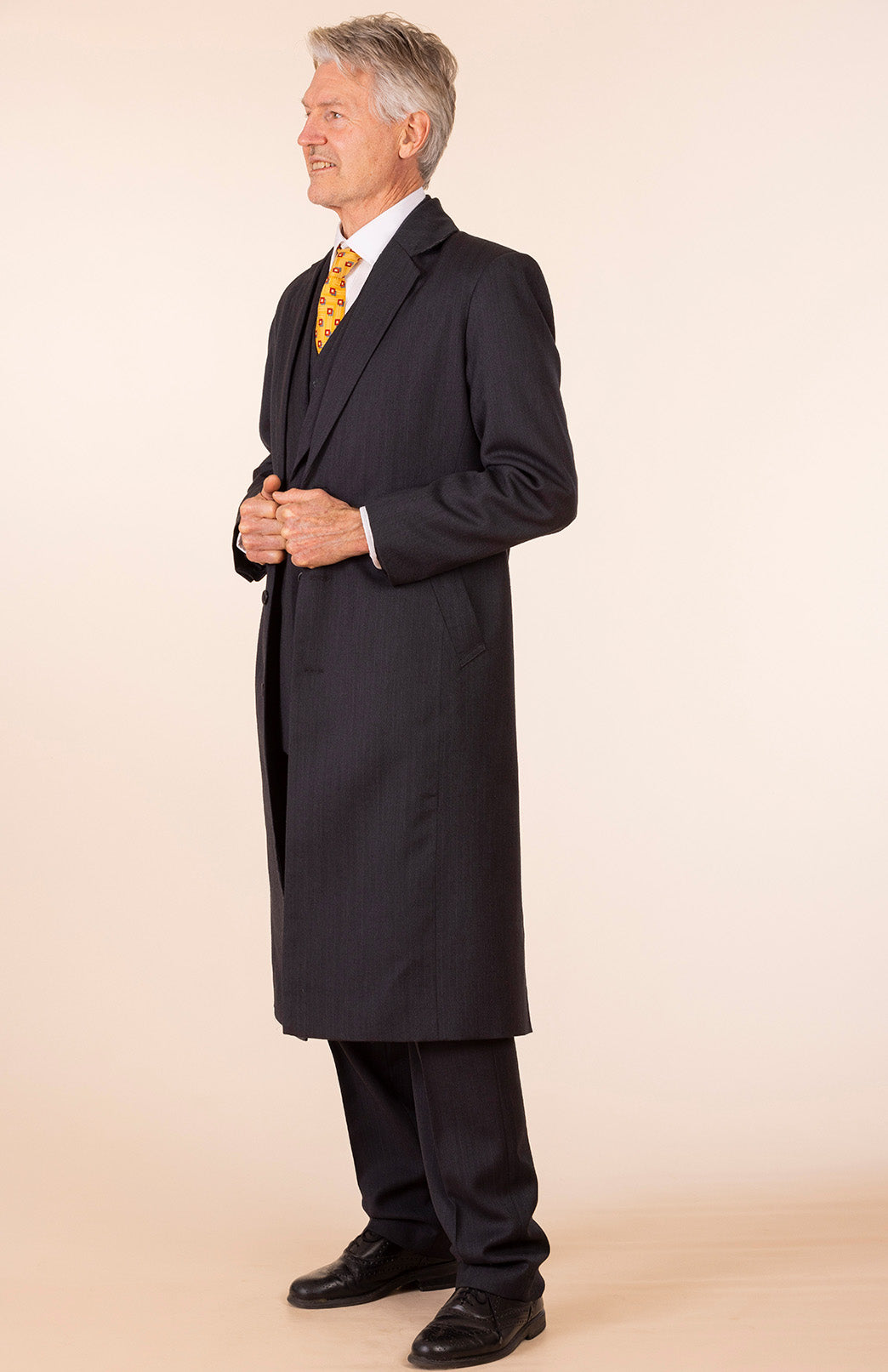 Obsidian Grey Herringbone Men's Superfine Merino Wool Herringbone Trench Coat