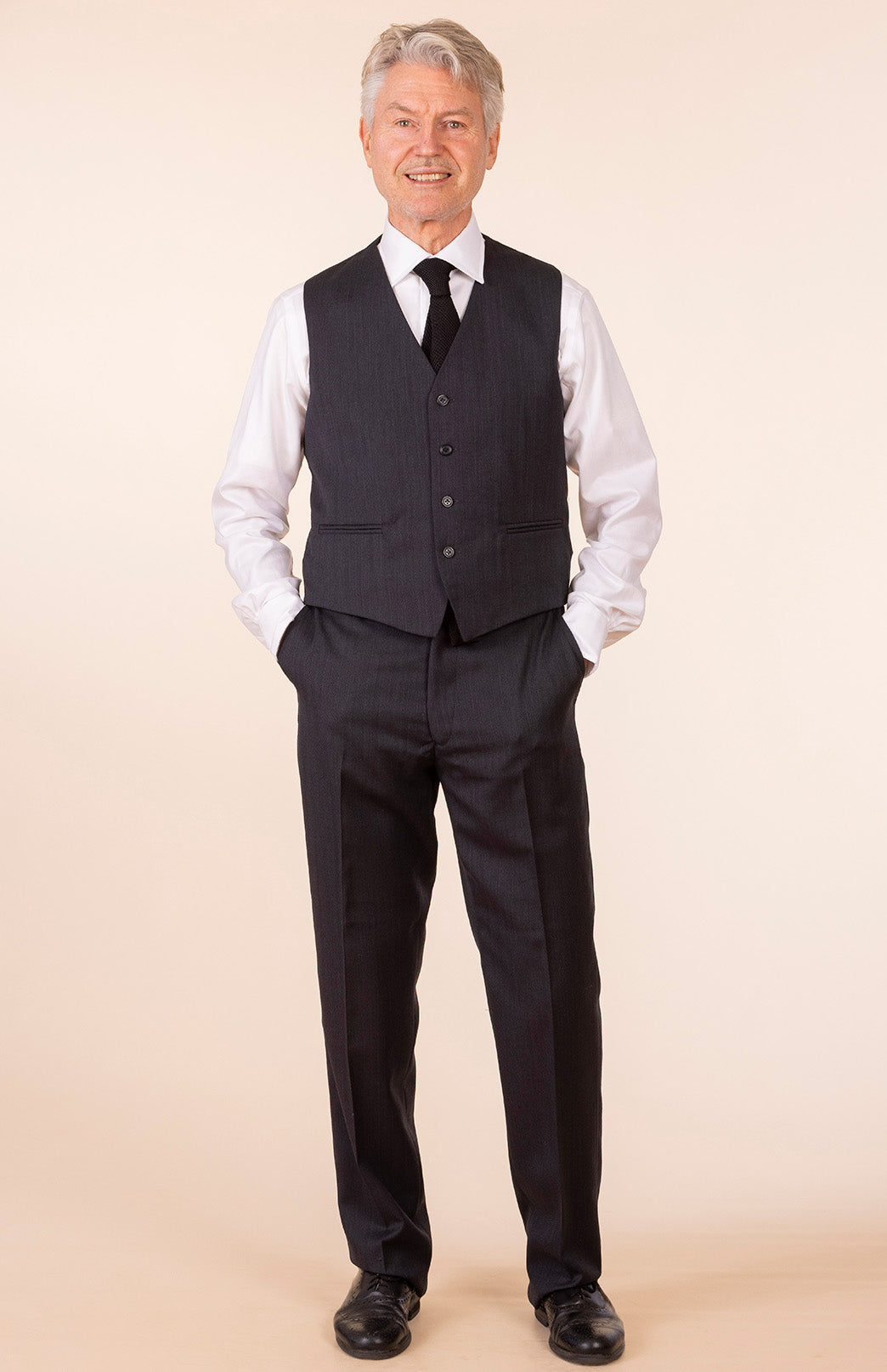 Obsidian Grey Herringbone Men's Superfine Merino Wool Herringbone Waistcoat with Silk Lining 