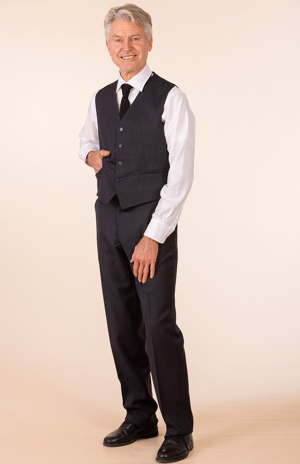 Obsidian Grey Herringbone Men's Superfine Merino Wool Herringbone Waistcoat with Silk Lining 