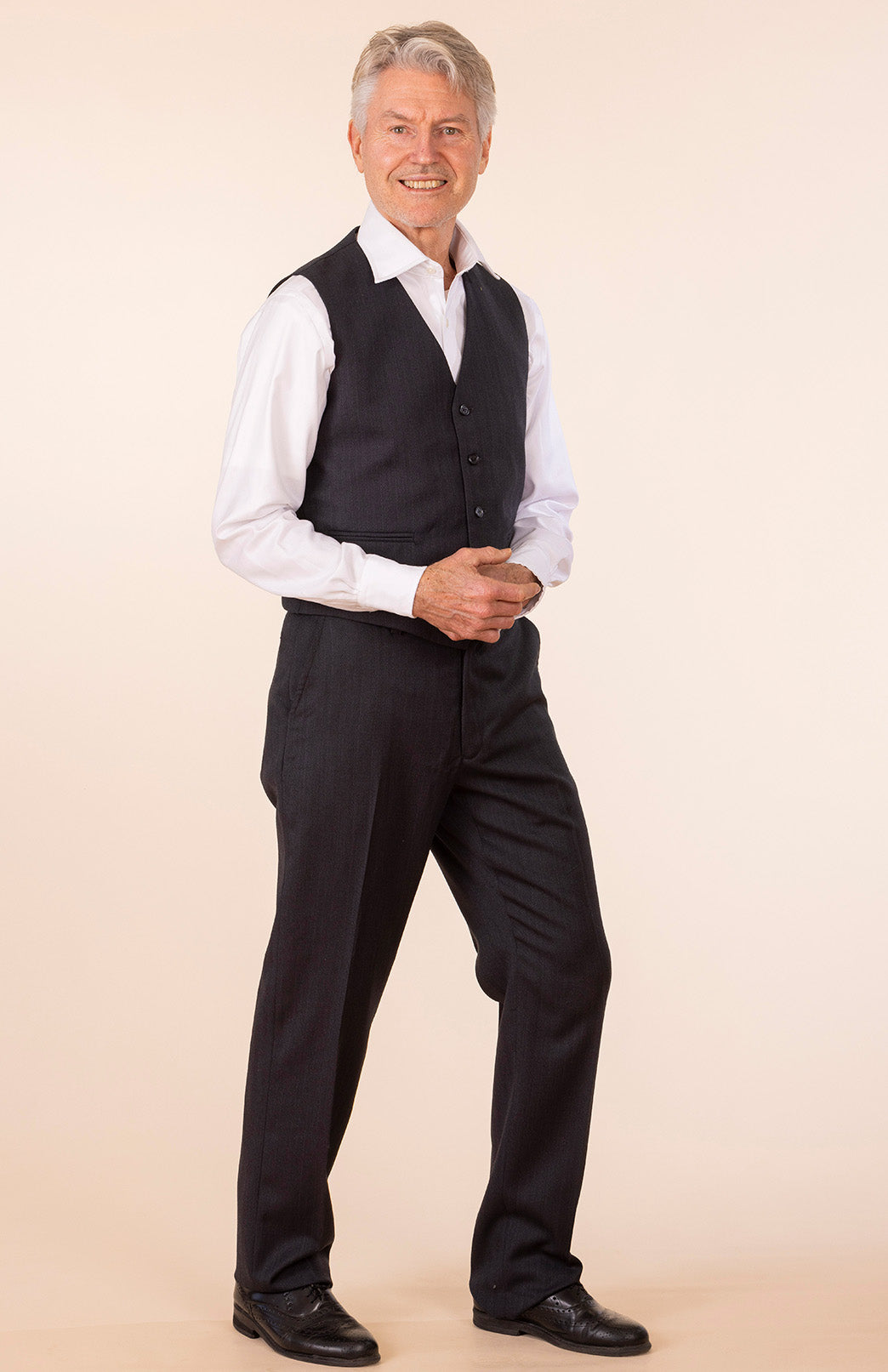 Obsidian Grey Herringbone Men's Superfine Merino Wool Herringbone Waistcoat with Silk Lining 