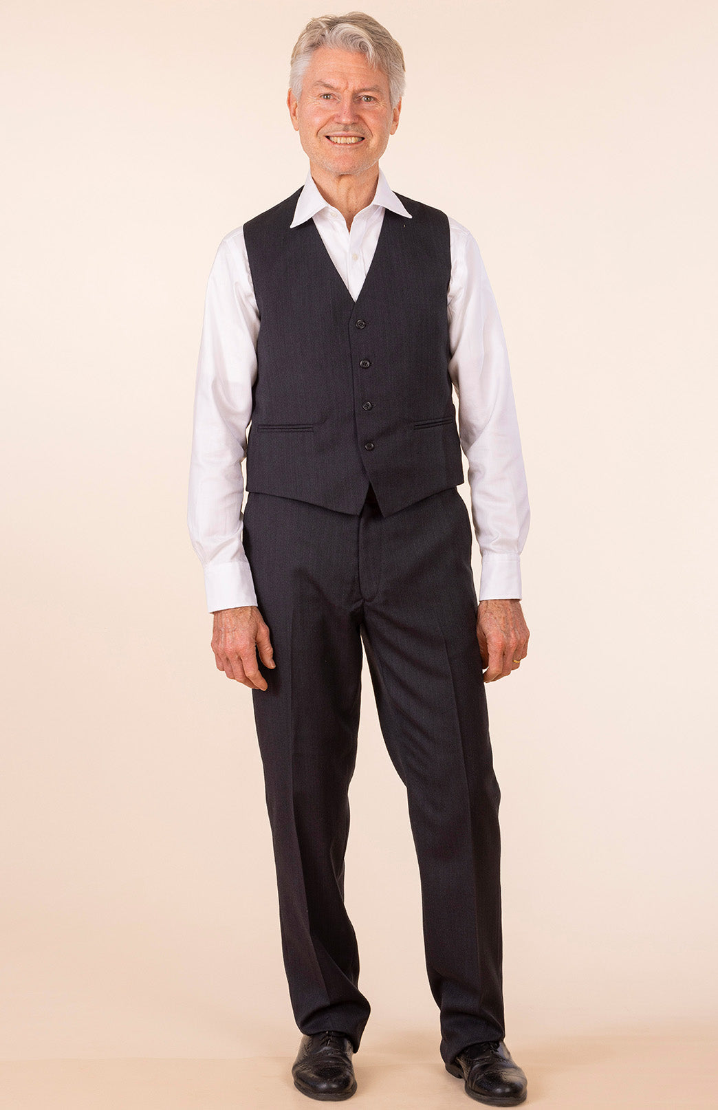 Obsidian Grey Herringbone Men's Superfine Merino Wool Herringbone Waistcoat with Silk Lining 