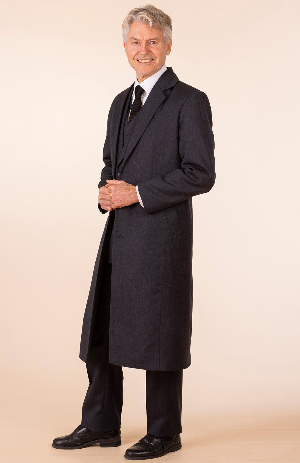 Obsidian Grey Herringbone Men's Superfine Merino Wool Herringbone Trench Coat