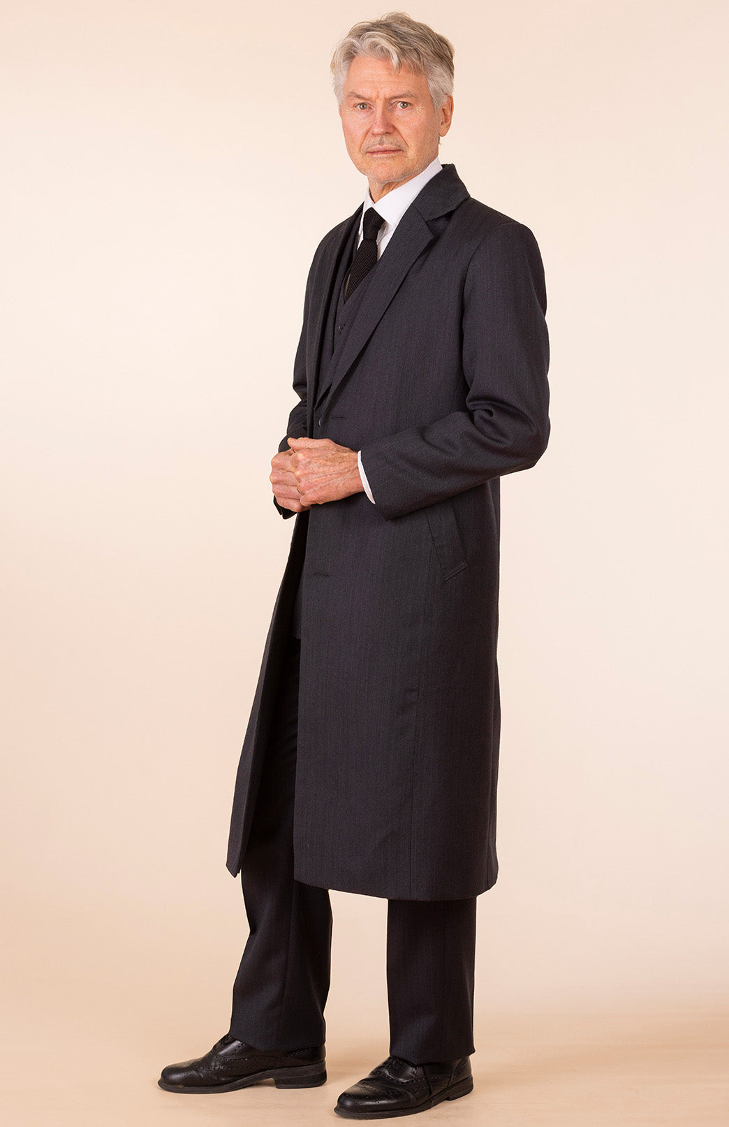 Obsidian Grey Herringbone Men's Superfine Merino Wool Herringbone Trench Coat