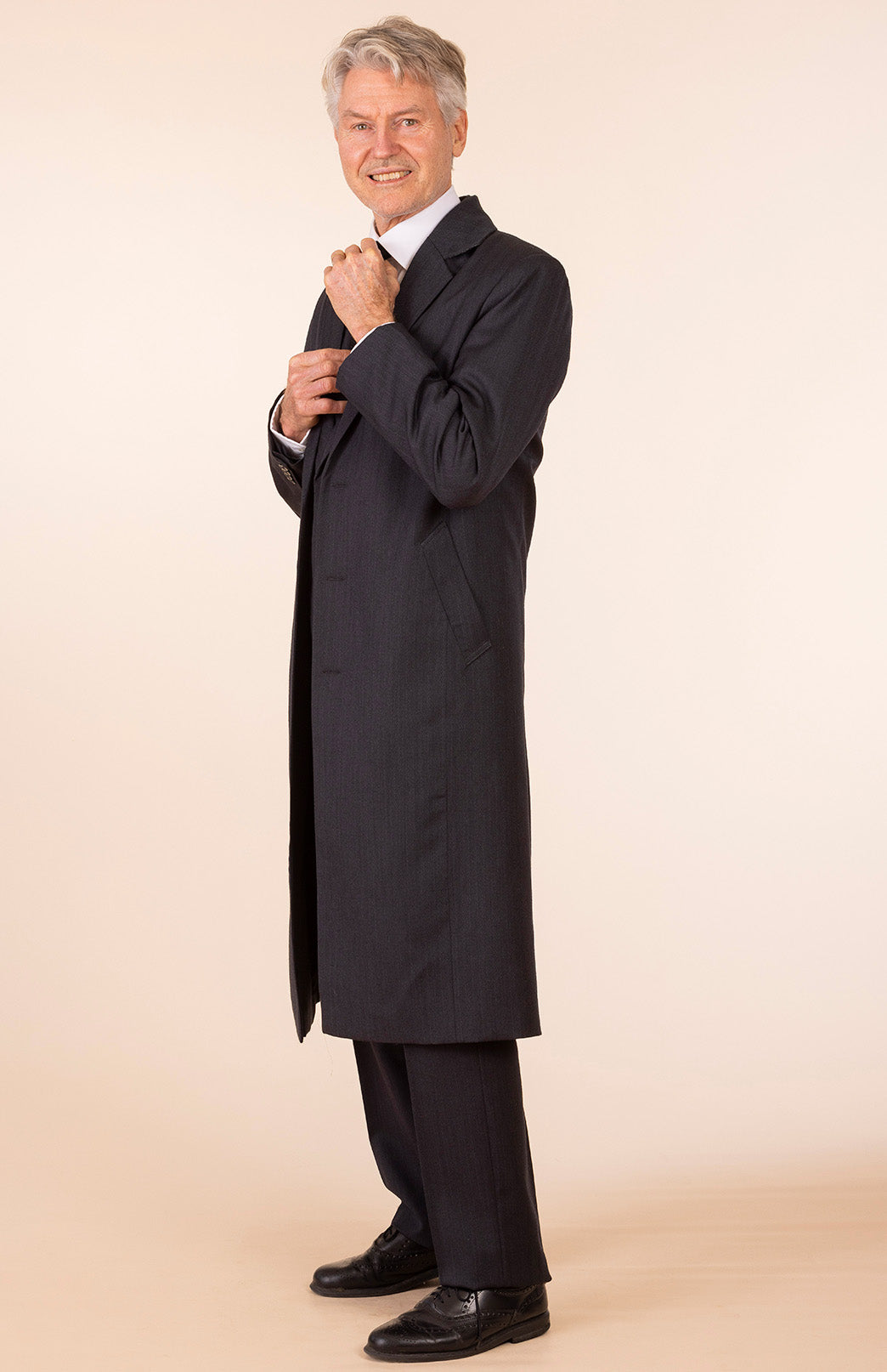 Obsidian Grey Herringbone Men's Superfine Merino Wool Herringbone Trench Coat