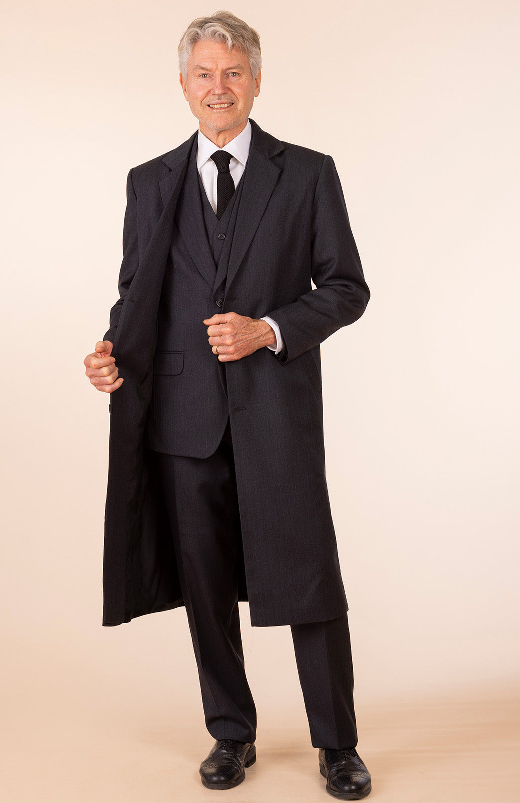 Obsidian Grey Herringbone Men's Superfine Merino Wool Herringbone Trench Coat