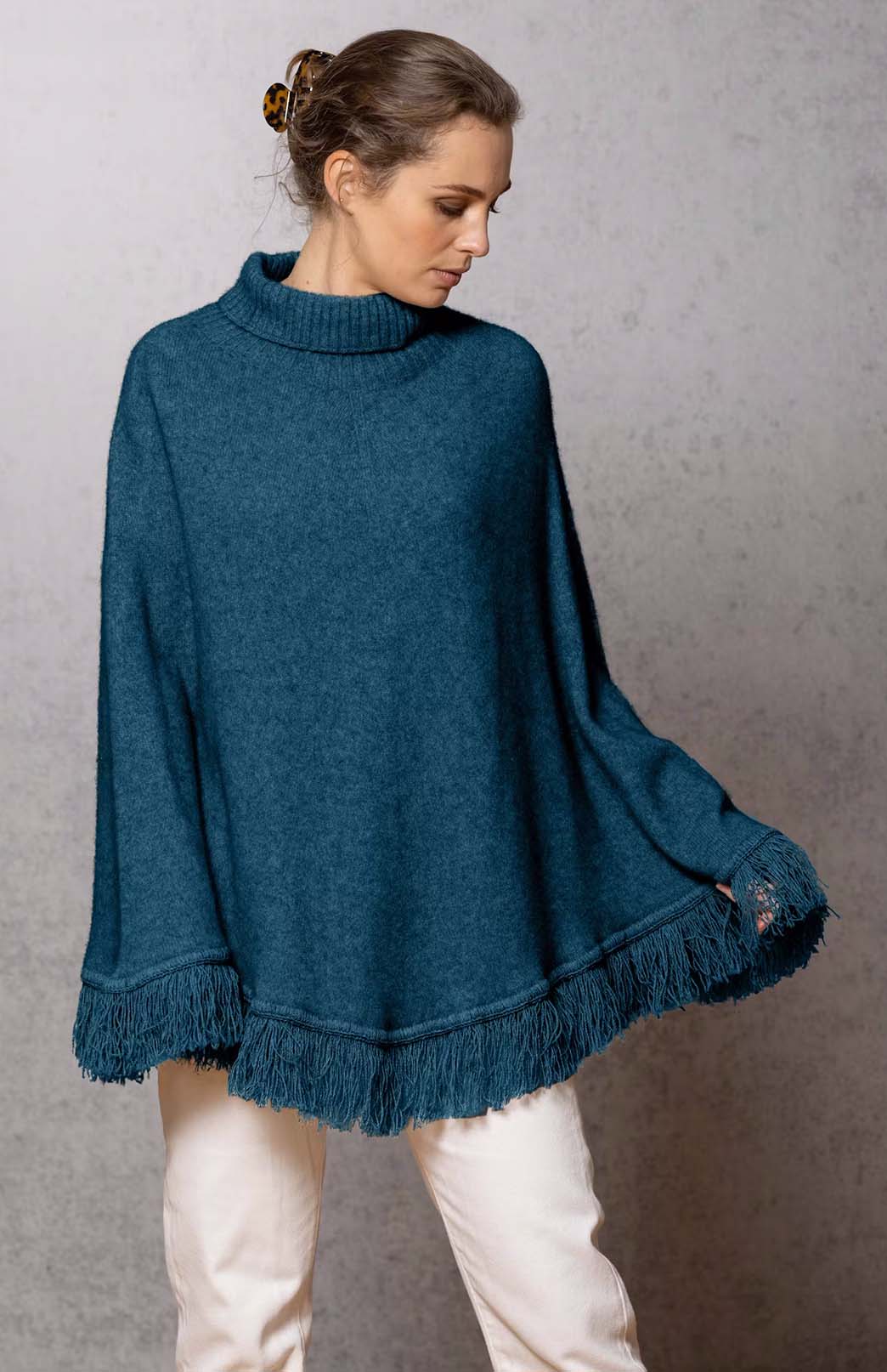 Jade Green Merino &amp; Possum &amp; Silk Fringed Poncho with Polo Neck