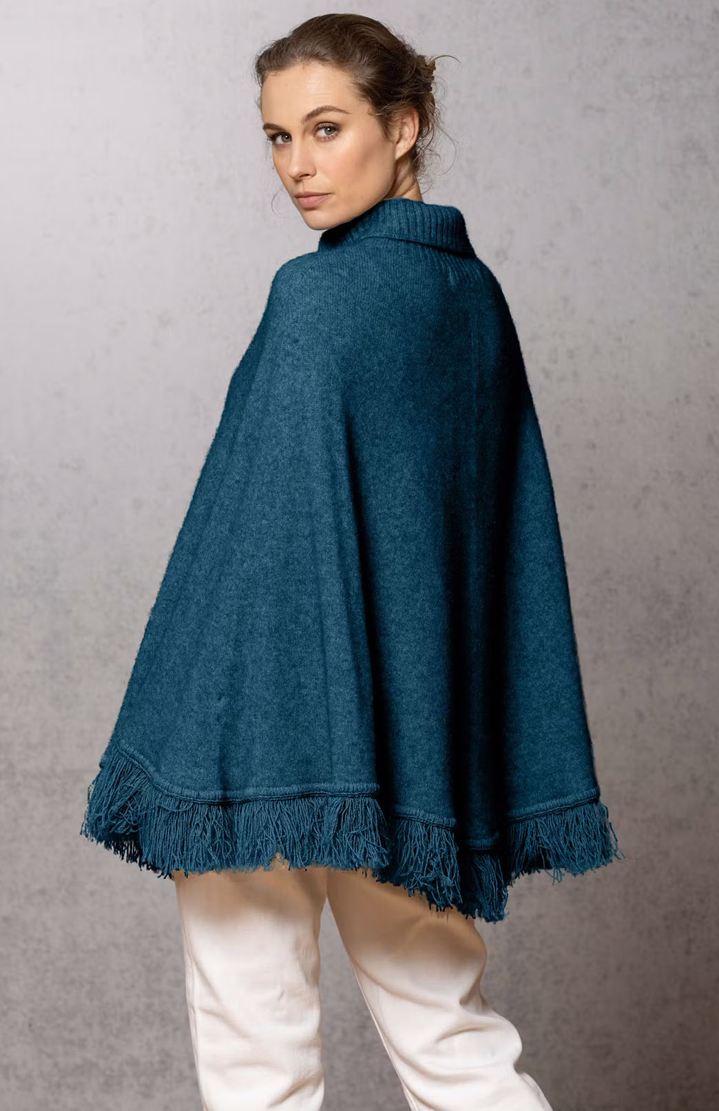 Jade Green Merino &amp; Possum &amp; Silk Fringed Poncho with Polo Neck
