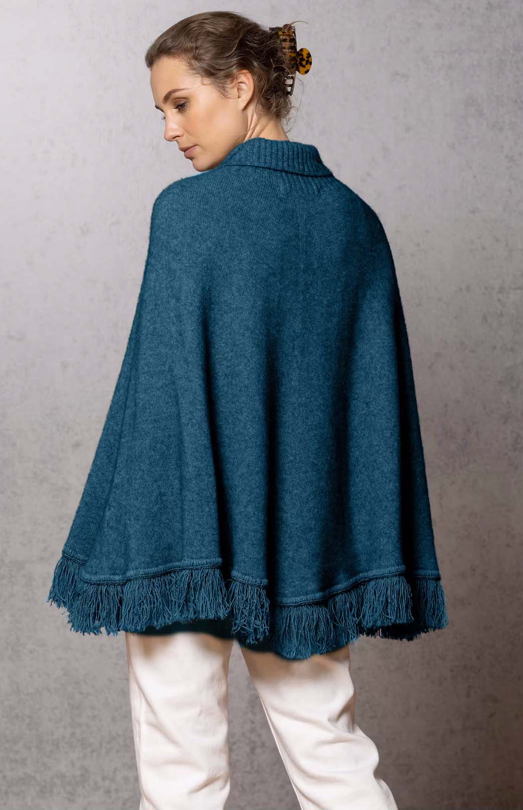 Jade Green Merino &amp; Possum &amp; Silk Fringed Poncho with Polo Neck
