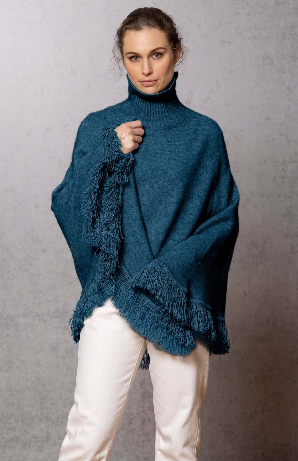 Jade Green Merino &amp; Possum &amp; Silk Fringed Poncho with Polo Neck