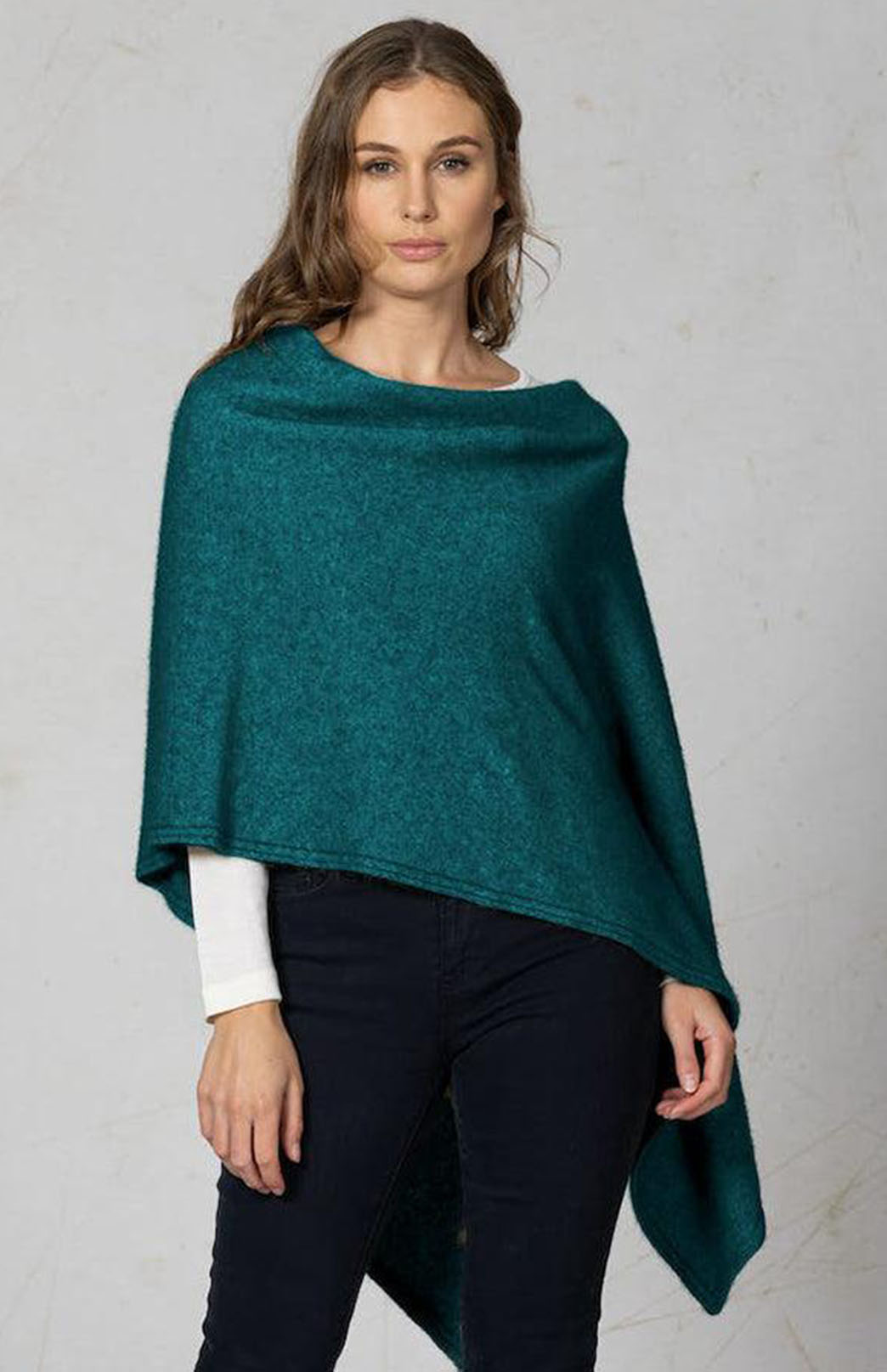 Jade Green Merino &amp; Possum &amp; Silk Fringed Poncho with Polo Neck