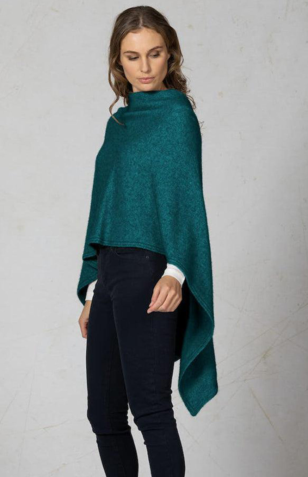 Jade Green Merino &amp; Possum &amp; Silk Fringed Poncho with Polo Neck