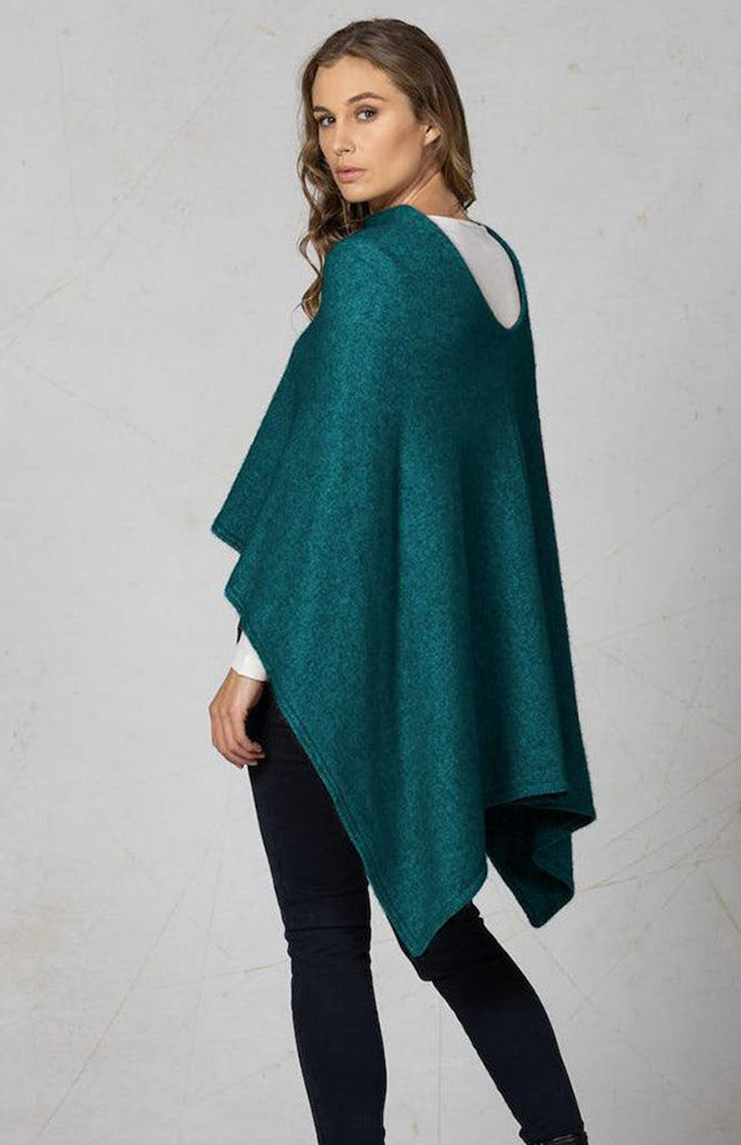 Jade Green Merino &amp; Possum &amp; Silk Fringed Poncho with Polo Neck