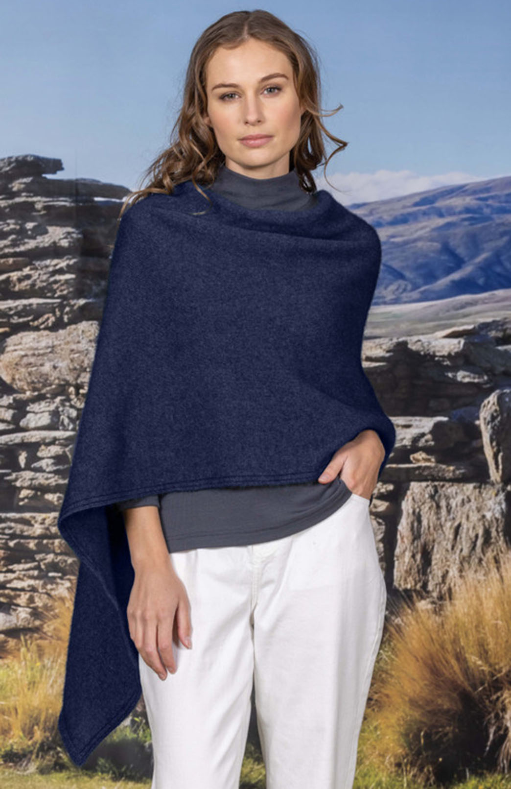 Navy Blue Merino &amp; Possum &amp; Silk Fringed Poncho with Polo Neck
