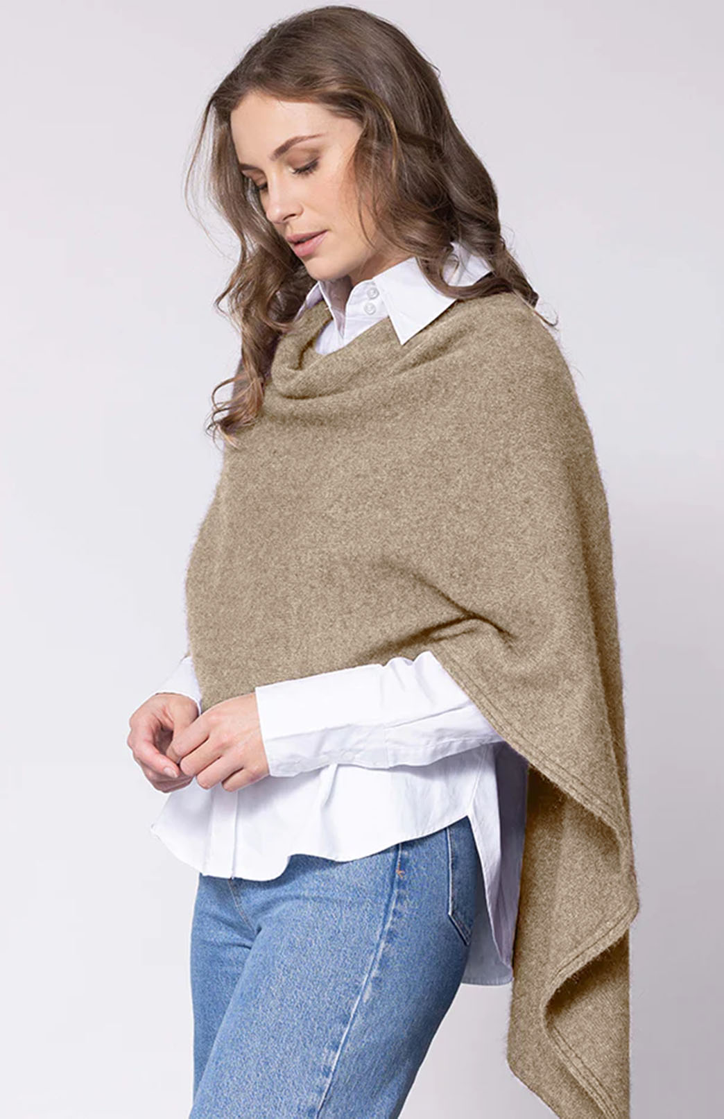 Jade Green Merino &amp;amp; Possum &amp;amp; Silk Fringed Poncho with Polo Neck
