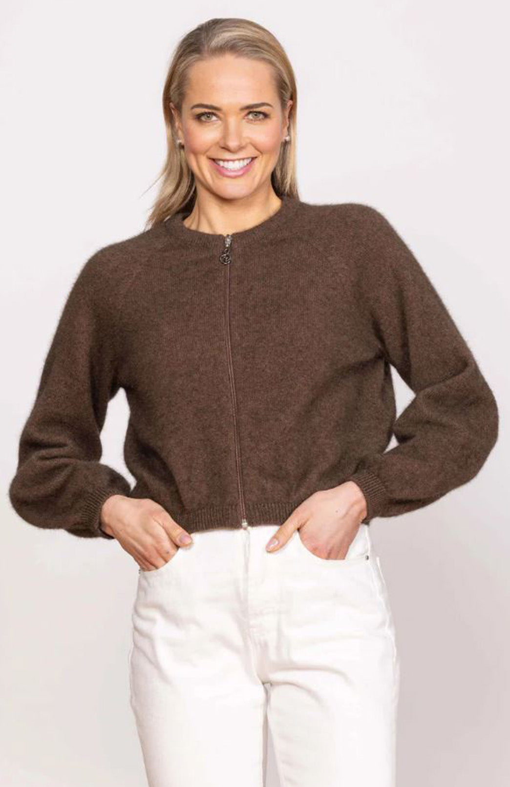 Tobago Women&#39;s Bell Sleeve Merino &amp;amp; Possum Knit Zip Cardigan
