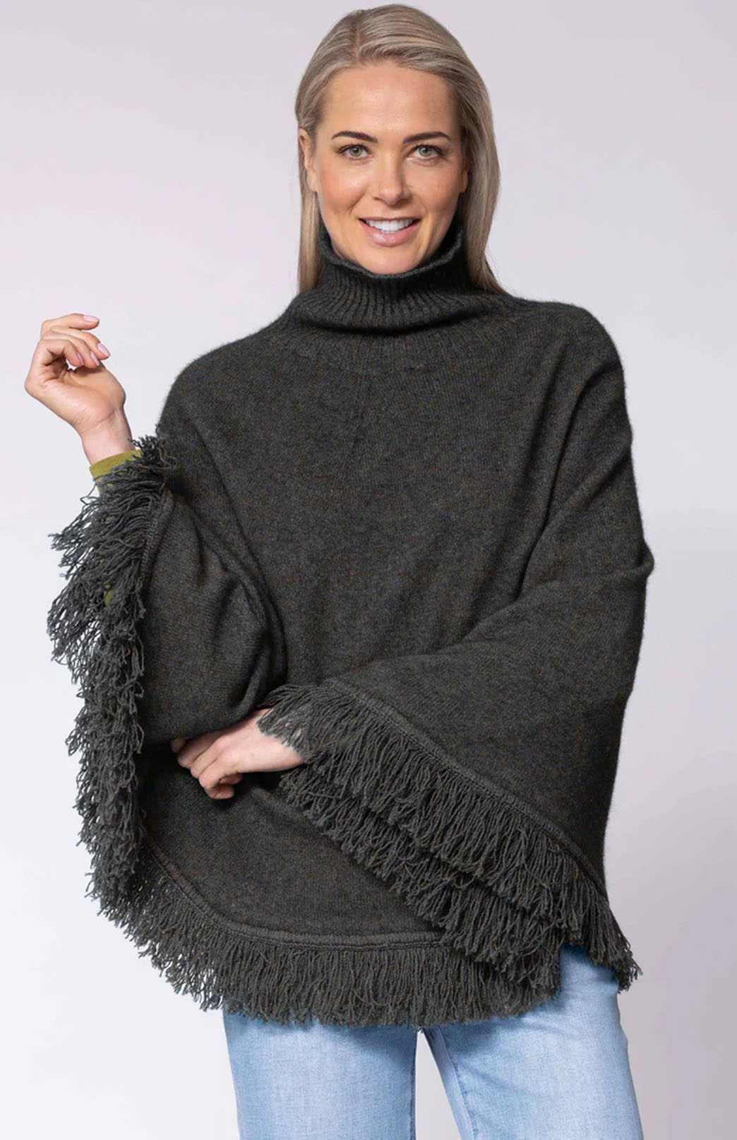 Charcoal Fleck Merino &amp; Possum &amp; Silk Fringed Poncho with Polo Neck