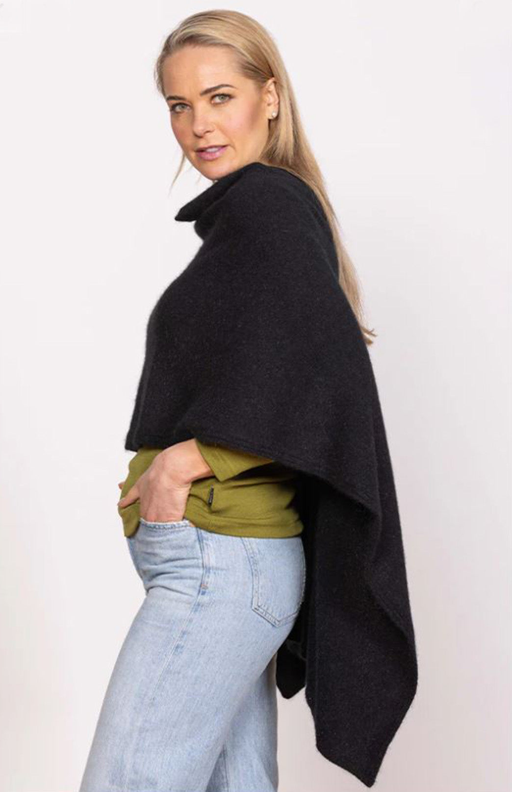 Black Merino &amp; Possum &amp; Silk Fringed Poncho with Polo Neck