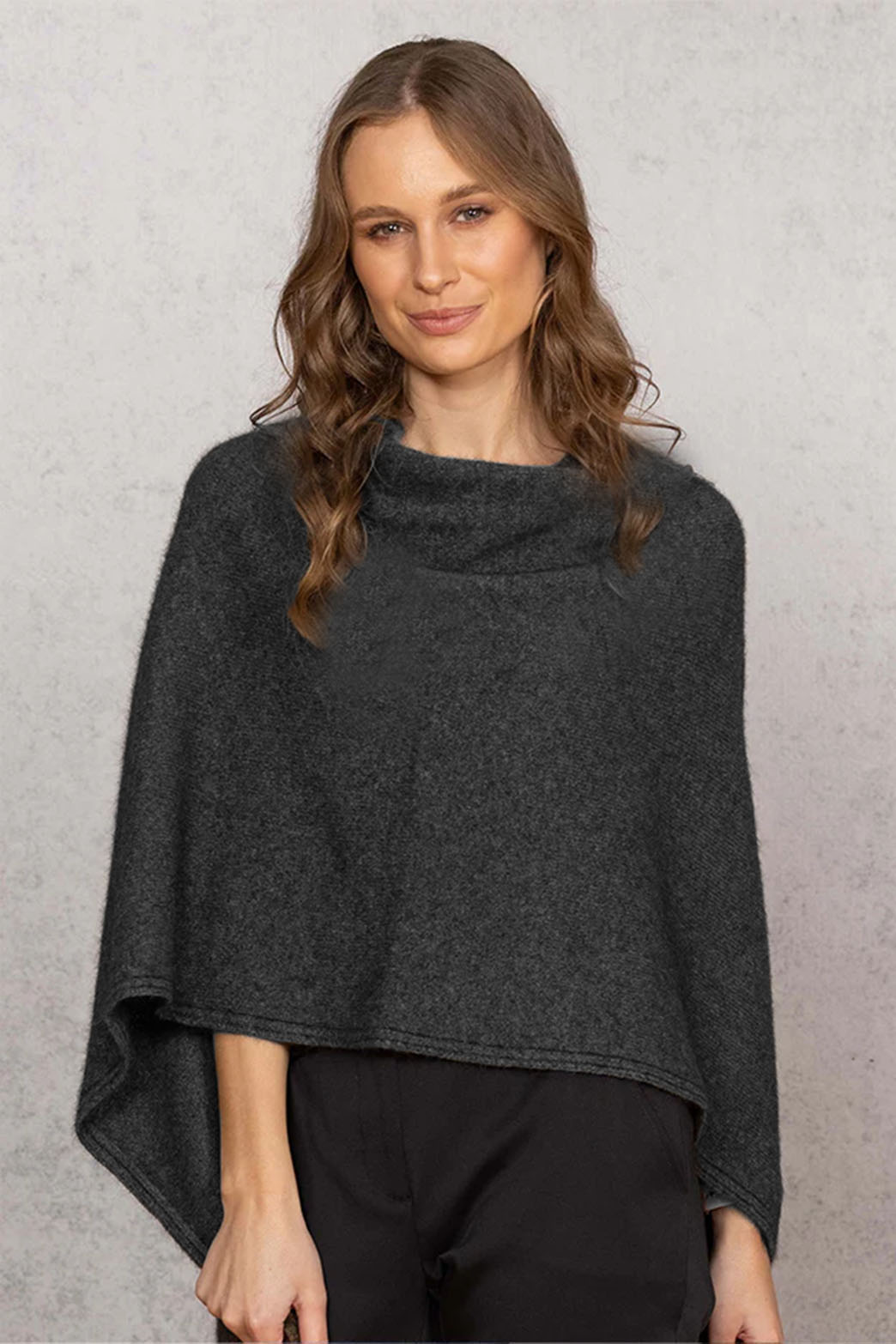 Charcoal Merino &amp; Possum &amp; Silk Fringed Poncho with Polo Neck